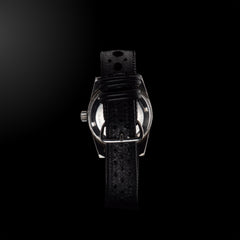 Vue arrière centrée de la montre LIP Dauphine avec boucle et bracelet texturé noir